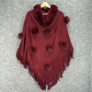 Lida Collection Cape Women One Size Red Pompon Fronge V-Neck Viscose Casual